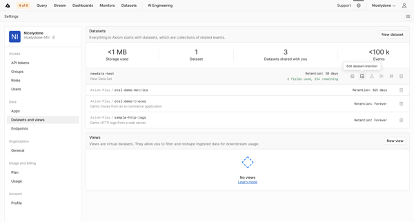 Datasets and Views - Settings - Axiom screen