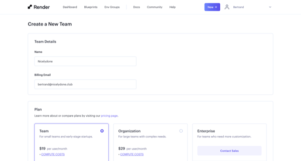 Create a New Team ・ Render Dashboard screen