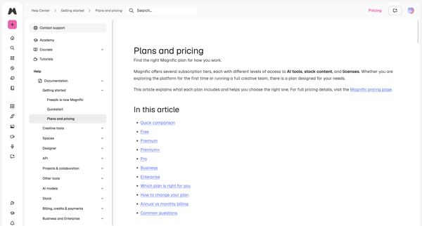 Plans and pricing | Magnific Docs screen
