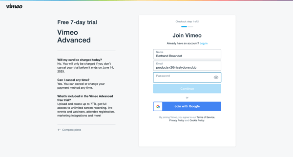 Checkout on Vimeo screen