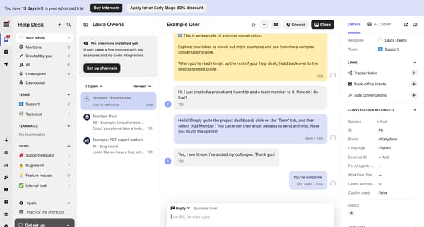 Example User | Help Desk  Nicelydone  Intercom screen
