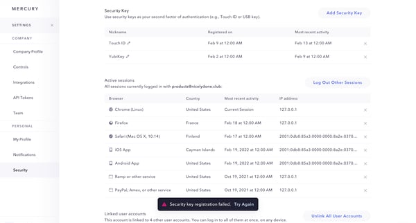 Mercury | Banking for startups screen