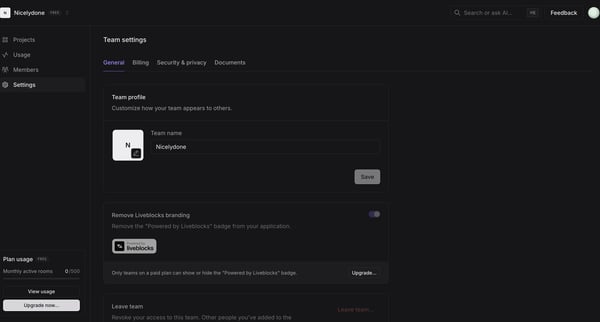 Nicelydone | Team settings screen