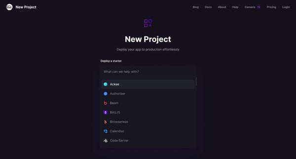 New project screen