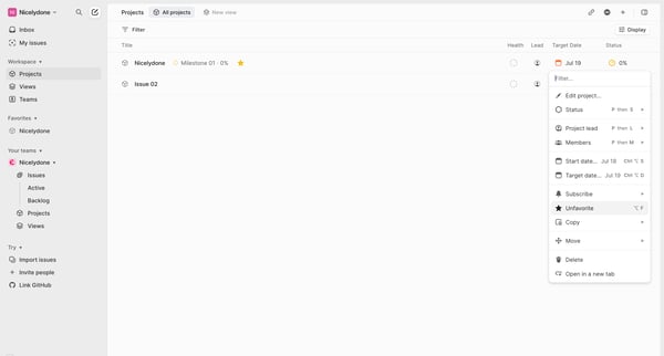 Projects screen