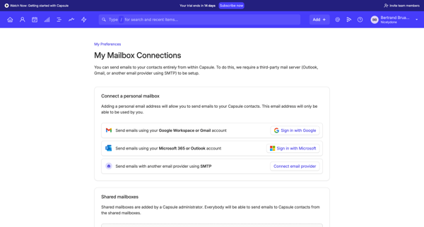 My Mailbox Connections | Nicelydone CRM screen