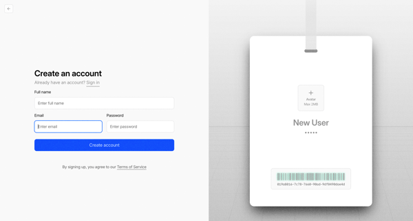 Sign up screen
