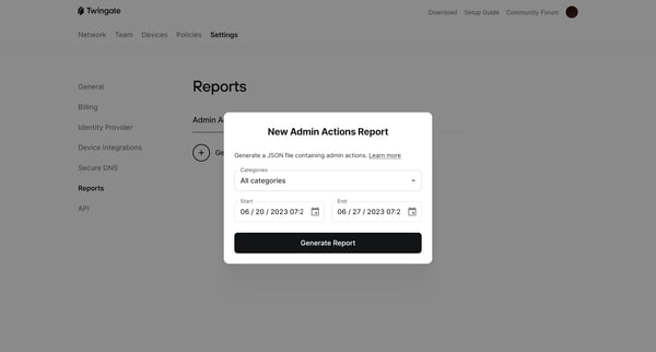 Reports | Twingate Admin screen