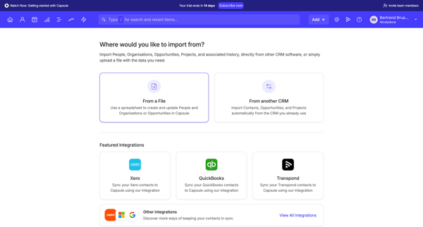 Import | Nicelydone CRM screen