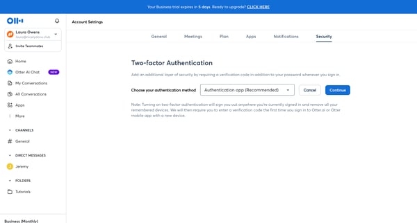 Account Settings - Otter.ai screen