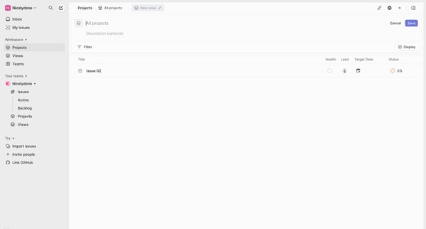Projects screen