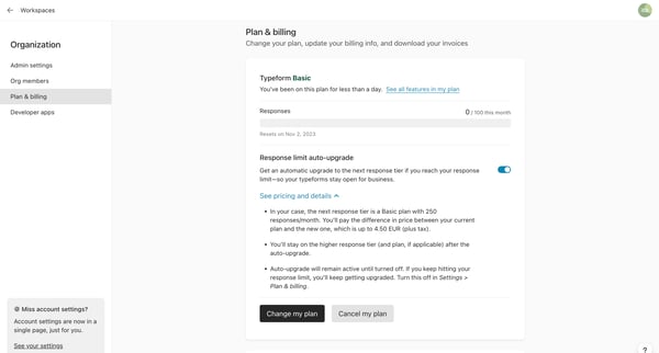 Typeform - Account screen