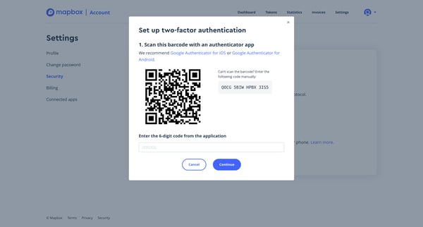 Account | Mapbox screen