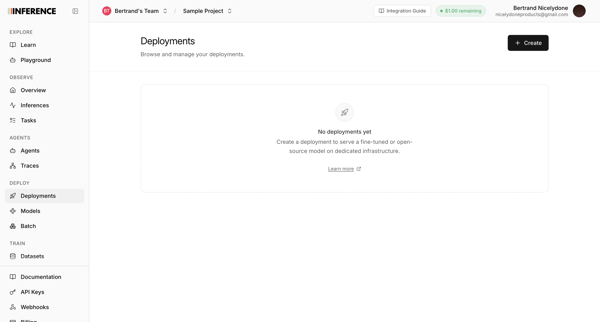 Dashboard | inference.net screen