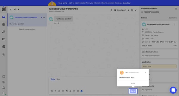 Turquoise Cloud from Pantin | Conversation Nicelydone Intercom screen
