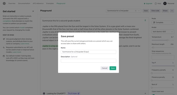 Playground - OpenAI API screen