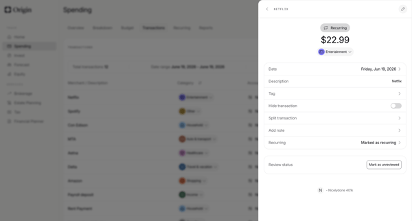 Origin Financial screen