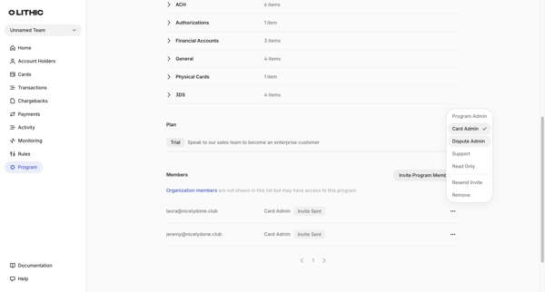 Lithic - Program Settings screen