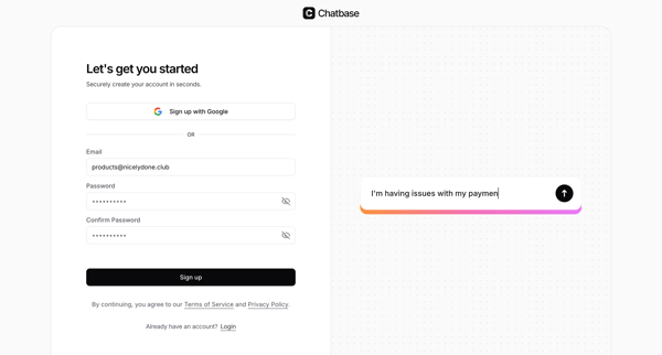 Sign Up - Chatbase screen