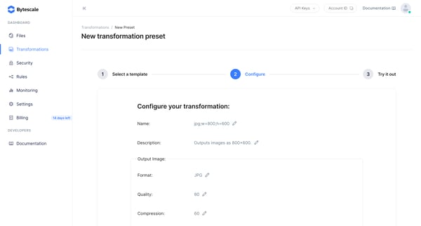 Create Preset | Bytescale screen