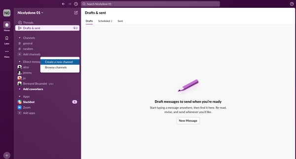 Drafts | sent - Nicelydone 01 - Slack screen