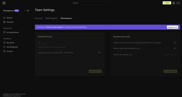Team Settings - CodeSandbox screen