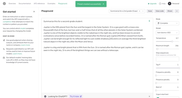 Playground - OpenAI API from OpenAI