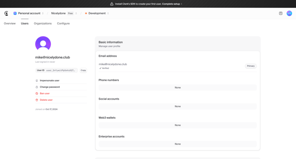 Dashboard | Clerk.com screen