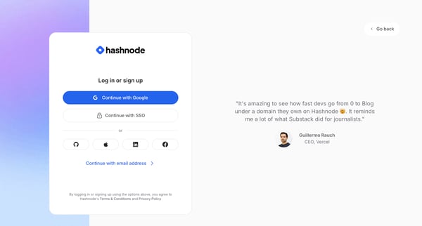 Sign in to Hashnode screen