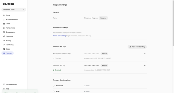 Lithic - Program Settings screen