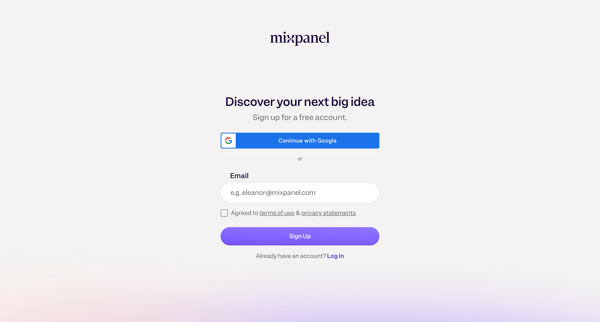 Sign up - Mixpanel: Product Analytics for Mobile, Web, & More screen