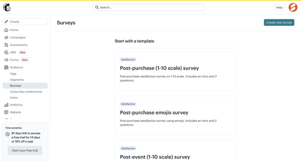 Surveys | Mailchimp screen