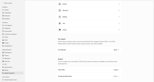 Import & export screen