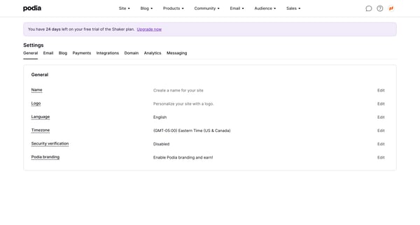 Podia General settings screen
