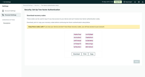 Two-factor authentication setup | Security  Personal Settings  Cus screen