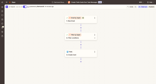 Create Trello Cards from Task Messages | Zapier screen