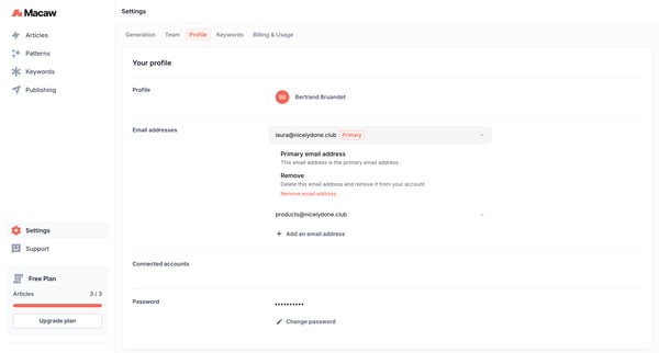Profile Settings | Macaw screen