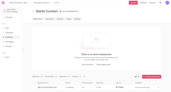 Create function - Appwrite screen