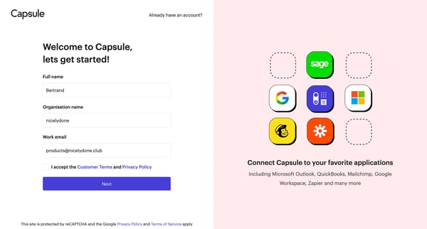 Signup | Capsule CRM screen