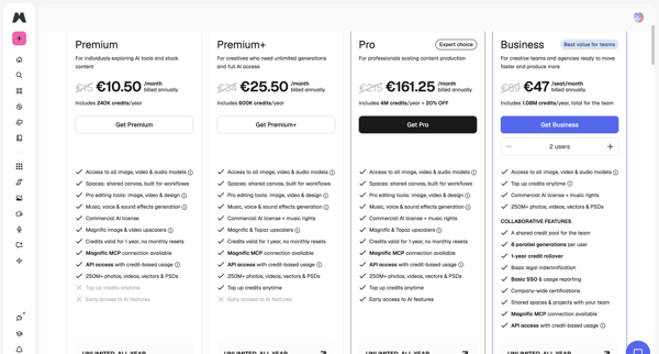 Pricing plans | Magnific (formerly Freepik) screen