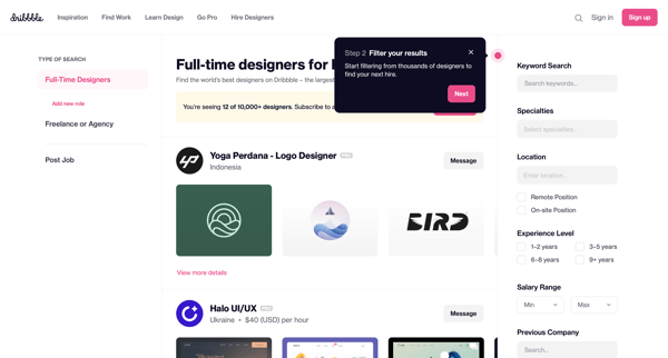 Hire a Designer - Search thousands of available designers instantly | Dribbble screen