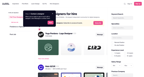 Hire a Designer - Search thousands of available designers instantly | Dribbble screen
