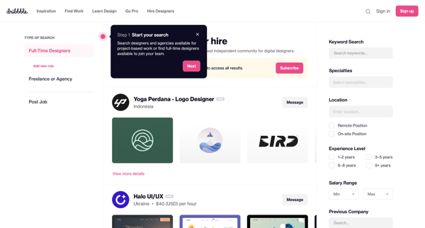 Hire a Designer - Search thousands of available designers instantly | Dribbble screen