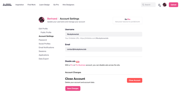 Account Settings | Dribbble screen
