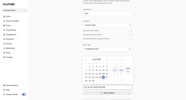 Lithic - Create Tokenization Rule screen