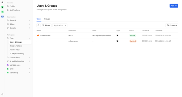 Users & Groups | Bird screen