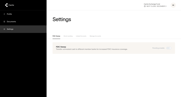 Cache – Settings screen