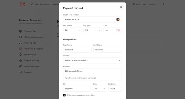 Payment | Shipping  SeatGeek screen