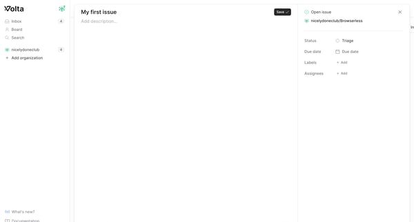 New Issue · nicelydoneclubBrowserless · Volta screen