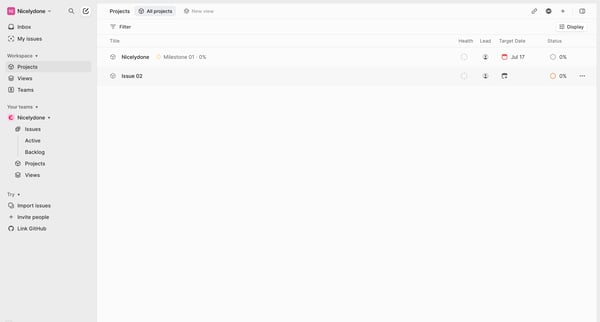 Projects screen